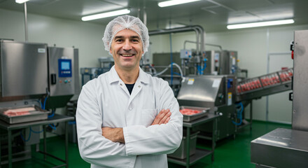Confident food processing worker in modern factory with meat products