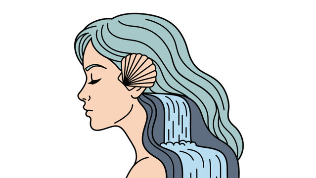 Stylized illustration of a serene woman with flowing blue hair and shell accessory.