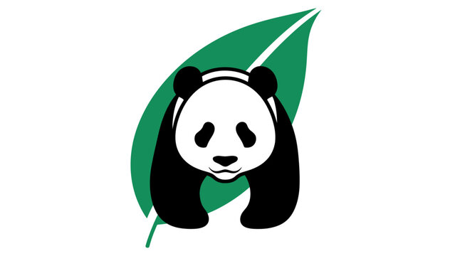 Logo Illustration of a Cute Panda Mascot with Bamboo Leaf.