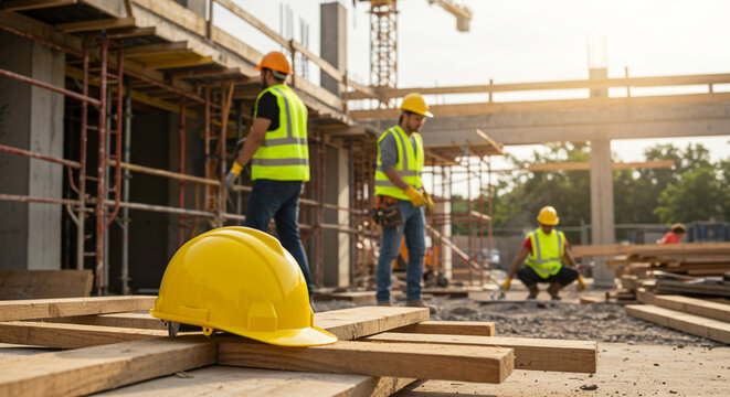 Construction workers in safety vests and hard hats working on building site