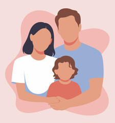 Obraz premium A stylized family portrait featuring a mother, father, and child, with their faces intentionally blank, symbolizing unity and love in a modern and minimalist design.