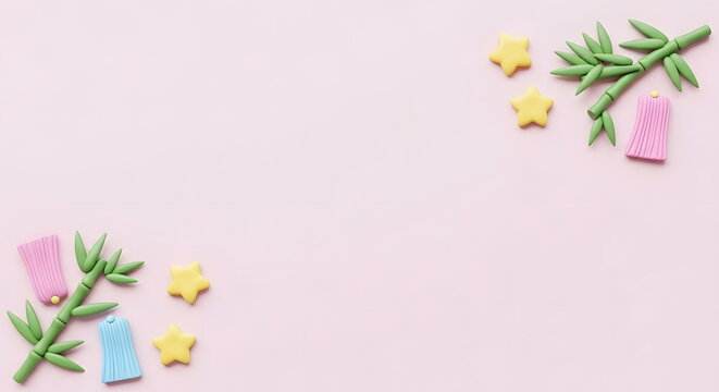 七夕の笹と短冊と星のかわいいクレイアートフレーム背景