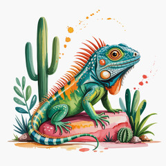 Obraz premium A stunning illustration of an iguana perched on a vividly colored rock, showcasing its unique scaling and vibrant colors, highlighting the beauty of reptiles and nature's palette.