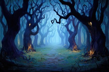 Mysterious Dark Forest Path at Night.