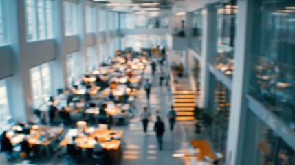 Obraz premium People work in a large office space with many tables and computers during a busy day