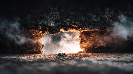 A surreal composition depicting a fiery opening within a dark, textured surface, possibly a cave or structure. Mist adds depth