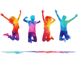 Colorful jumping people silhouette watercolor illustration for celebration energy lifestyle transparent background