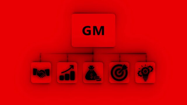 GM acronym with business icons handshake graph money bag target lightbulb on red background agreement