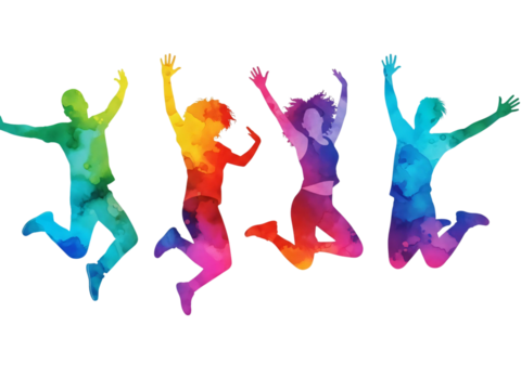 Colorful jumping people silhouette watercolor illustration for happiness energy celebration transparent background - Powered by Adobe