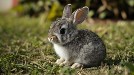 Fototapeta premium Adorable baby rabbit sitting in green grass