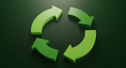 Green recycling symbol with four arrows on dark background