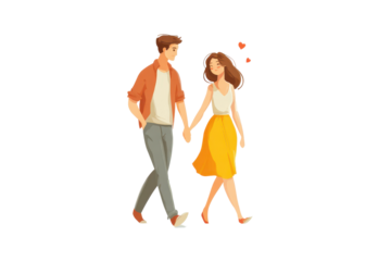 Couple walks hand in hand on a sunny day with hearts above them as they enjoy their time together