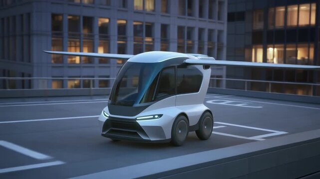 Futuristic flying car on helipad atop modern skyscraper at dusk, urban mobility concept