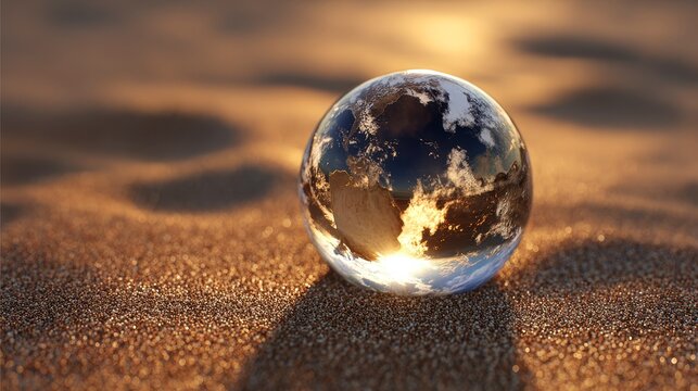 A transparent sphere sits on textured sand, reflecting a fiery sunset and fluffy clouds. The sun's light bathes the scene in warm hues