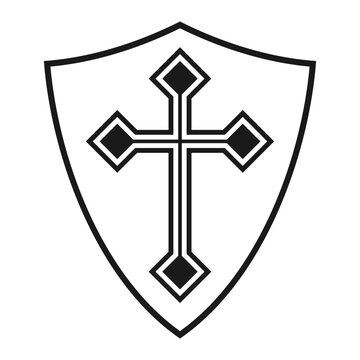 Shield with cross icon. Coat of arms christianity symbol. Heraldry crusade logo sign. Vector illustration image.