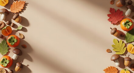 秋の紅葉とどんぐりと柿のかわいいクレイアートフレーム背景