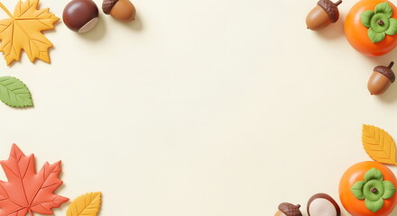 秋の紅葉とどんぐりと柿のかわいいクレイアートフレーム背景