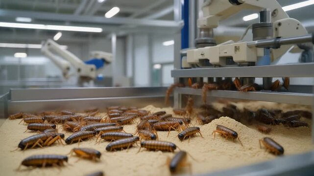 Robotic arm sorting crickets in a laboratory setting, insect farming automation.