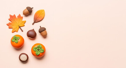 秋の紅葉とどんぐりと柿のかわいいクレイアートフレーム背景