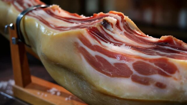 Close-up of cured ham leg in wooden holder, detailed marbling and fat layers, gourmet food preparation