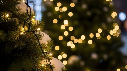 イルミネーションが輝く雪のクリスマスツリー