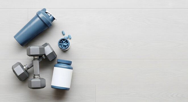 Fitness Supplements, Shaker Bottle, and Dumbbells on White Wood Background