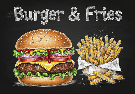 Burger and Fries chalkboard art with detailed chalk food illustration diner style - Food & Meals