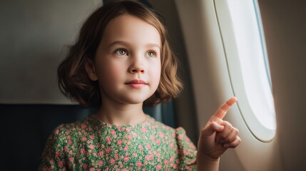 A young girl gazes out of an airplane window, curiously pointing at something outside, embodying wonder and excitement about travel.