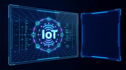 Internet of Things (IoT) Network on Futuristic Digital Screen with Connected Devices