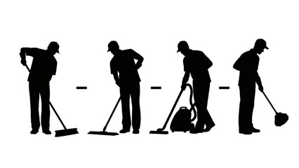 Obraz premium Black Cleaning Worker Silhouette Vector Set Showing Sweeping Mopping Vacuuming Dusting Tasks