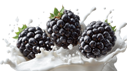 fresh ripe blackberries splashing in creamy milk with dynamic droplets high speed macro fruit motion isolated on white background