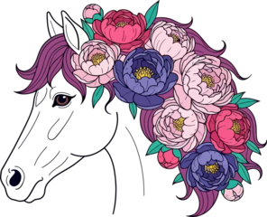 Elegant Unicorn Horse Head Profile with Vibrant Peony Flowers Adorning Purple Mane Illustration