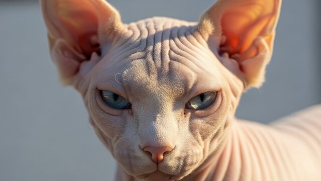 Close up of a Hairless Sphynx Cats Face with Blue Eyes - Powered by Adobe