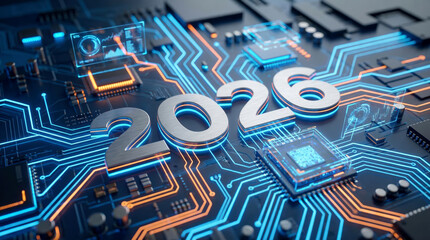 2026 Future Technology on a Glowing Digital Circuit Board