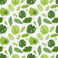 Tropical leaf pattern with various green leaves on white background