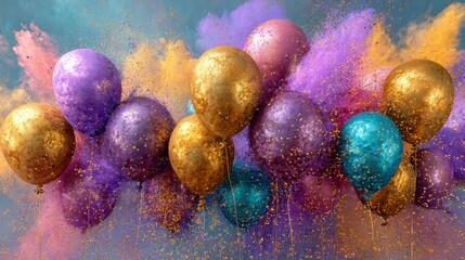 A vibrant image features several metallic-looking balloons of varied colors emerging from a colorful cloud of dust. The balloons float against a blue backdrop