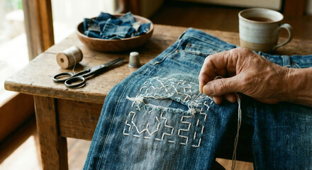Close up of hands repairing denim jeans with white thread using Sashiko embroidery technique.