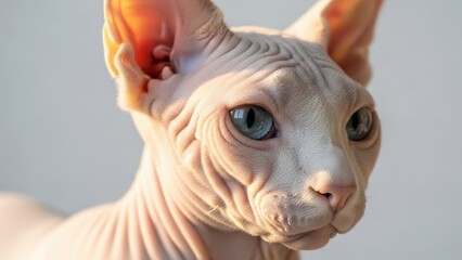 Close up of a Sphynx Cat with Blue Eyes and Wrinkled Skin