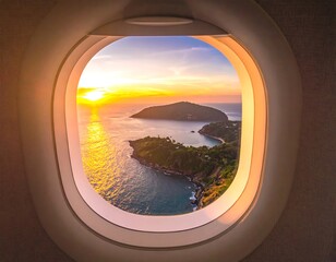 Fototapeta premium Aerial view of a tropical island at sunset, framed by an airplane window