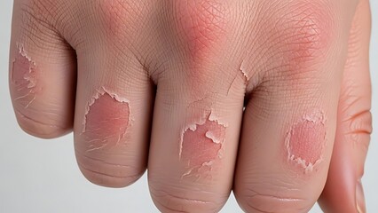 Fototapeta premium Close-up of dry, peeling skin on a persons fingers showing redness and irritation.