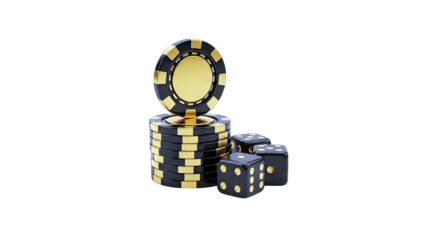 Casino Chips and Dice Stacked on White Background