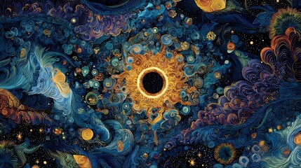 A vibrant, swirling depiction of a celestial event with radiating energy and intricate, textured patterns in blues, oranges, and golds