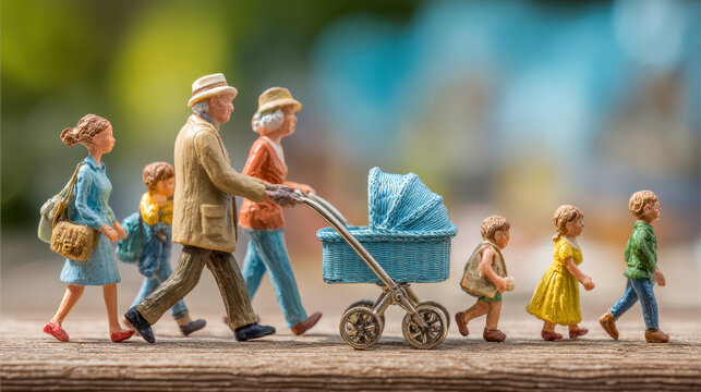 Miniature family walking together with a baby stroller, representing generations and unity