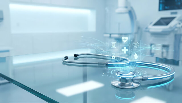 Healthcare Technology Concept with Glowing Stethoscope and Digital Medical Icons - Powered by Adobe