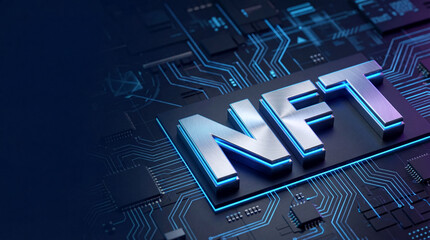 NFT Digital Asset Concept on Futuristic Circuit Board Background