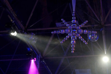 new year party in night club with xmas decoration and snowflakes, background