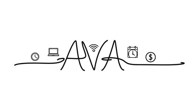 Hand-drawn 'ava' with icons representing time, laptop, wifi, calendar, and money