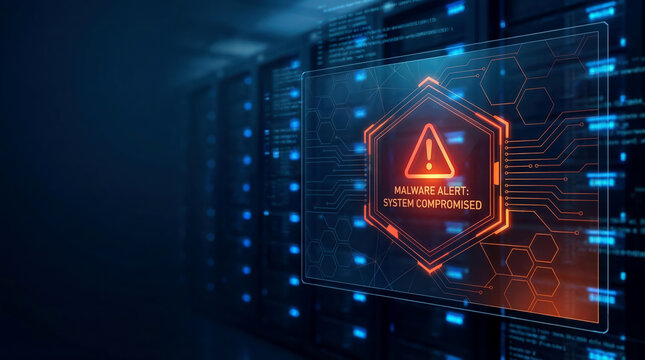 Cybersecurity Malware Alert System Compromised in Server Room - Powered by Adobe