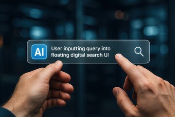 Finger interacting with virtual AI search engine design on dark background