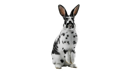 Dalmatian rabbit with black and white fur long ears and a cute face standing on a white background looking directly at the camera.
